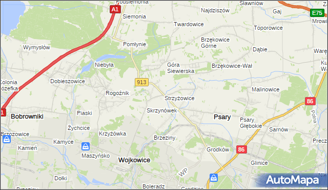 mapa Strzyżowice gmina Psary, Strzyżowice gmina Psary na mapie Targeo