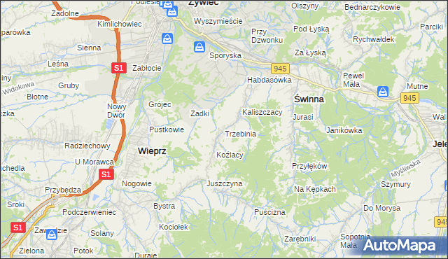 mapa Trzebinia gmina Świnna, Trzebinia gmina Świnna na mapie Targeo