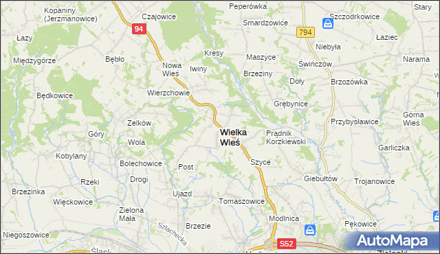 mapa Wielka Wieś powiat krakowski, Wielka Wieś powiat krakowski na mapie Targeo