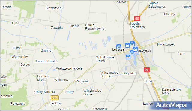 mapa Wilczkowice Dolne gmina Łęczyca, Wilczkowice Dolne gmina Łęczyca na mapie Targeo