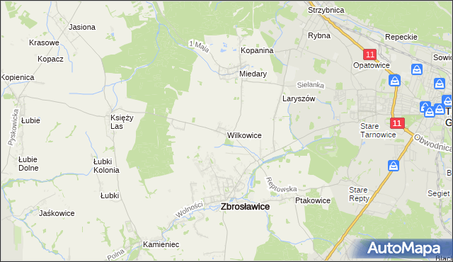 mapa Wilkowice gmina Zbrosławice, Wilkowice gmina Zbrosławice na mapie Targeo