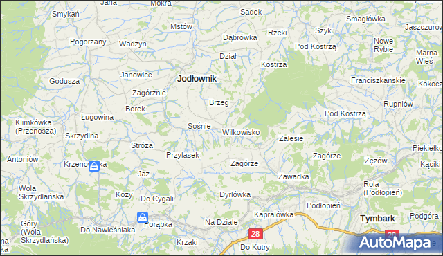mapa Wilkowisko gmina Jodłownik, Wilkowisko gmina Jodłownik na mapie Targeo
