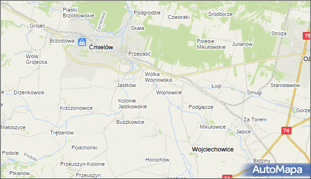 mapa Wojnowice gmina Ćmielów, Wojnowice gmina Ćmielów na mapie Targeo