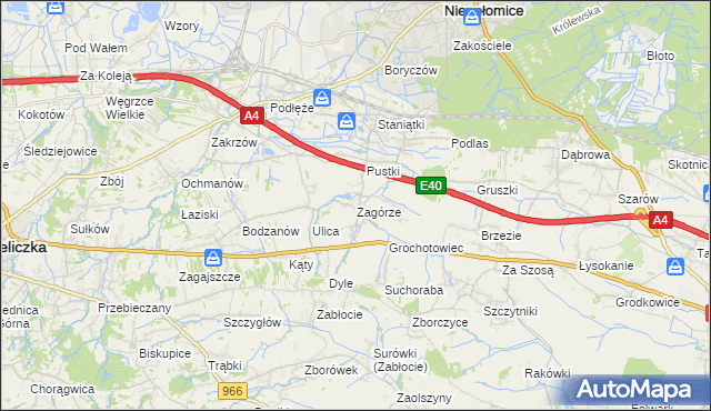 mapa Zagórze gmina Niepołomice, Zagórze gmina Niepołomice na mapie Targeo