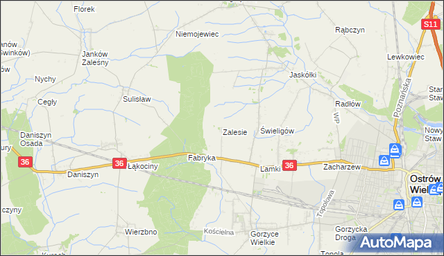 mapa Zalesie gmina Ostrów Wielkopolski, Zalesie gmina Ostrów Wielkopolski na mapie Targeo