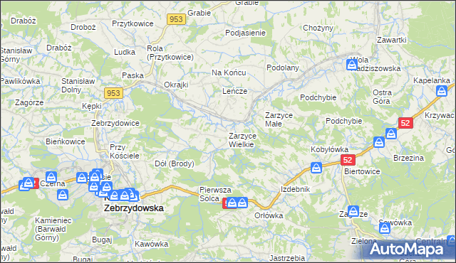 mapa Zarzyce Wielkie, Zarzyce Wielkie na mapie Targeo