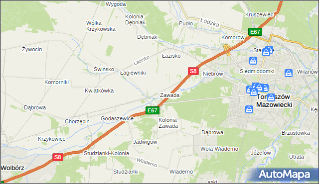 mapa Zawada gmina Tomaszów Mazowiecki, Zawada gmina Tomaszów Mazowiecki na mapie Targeo