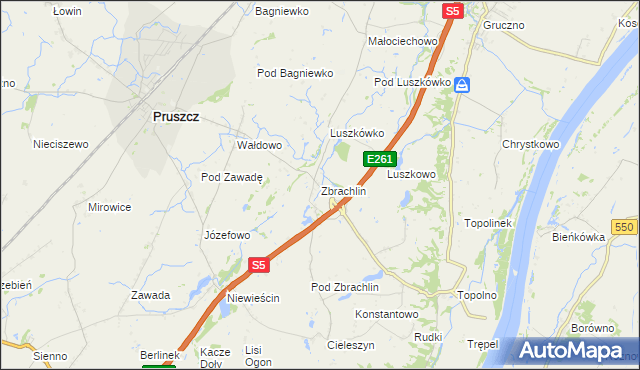 mapa Zbrachlin gmina Pruszcz, Zbrachlin gmina Pruszcz na mapie Targeo