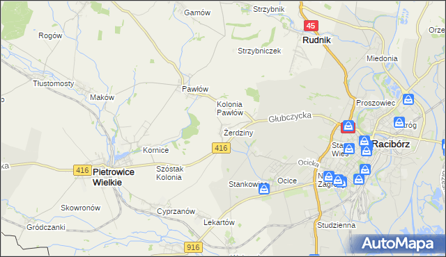 mapa Żerdziny gmina Pietrowice Wielkie, Żerdziny gmina Pietrowice Wielkie na mapie Targeo