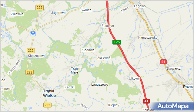 mapa Zła Wieś gmina Trąbki Wielkie, Zła Wieś gmina Trąbki Wielkie na mapie Targeo