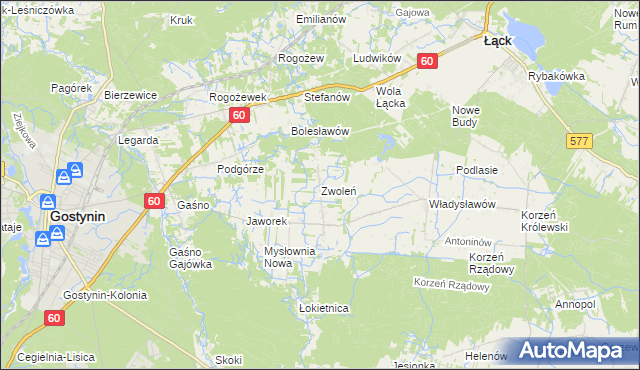 mapa Zwoleń gmina Gostynin, Zwoleń gmina Gostynin na mapie Targeo