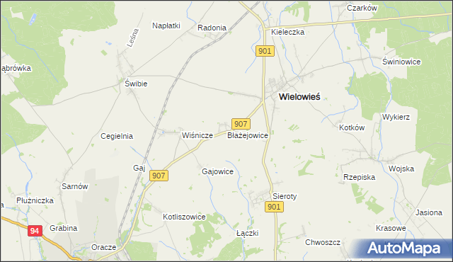 mapa Błażejowice gmina Wielowieś, Błażejowice gmina Wielowieś na mapie Targeo