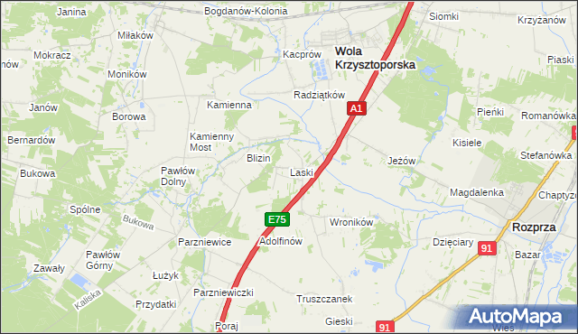 mapa Laski gmina Wola Krzysztoporska, Laski gmina Wola Krzysztoporska na mapie Targeo