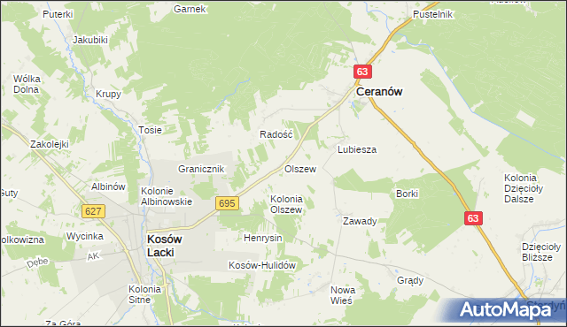mapa Olszew gmina Ceranów, Olszew gmina Ceranów na mapie Targeo