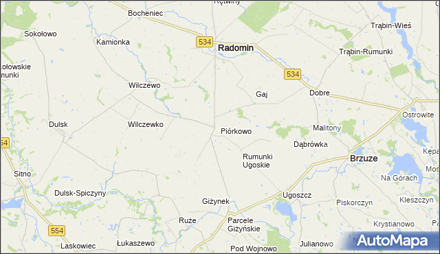 mapa Piórkowo gmina Radomin, Piórkowo gmina Radomin na mapie Targeo