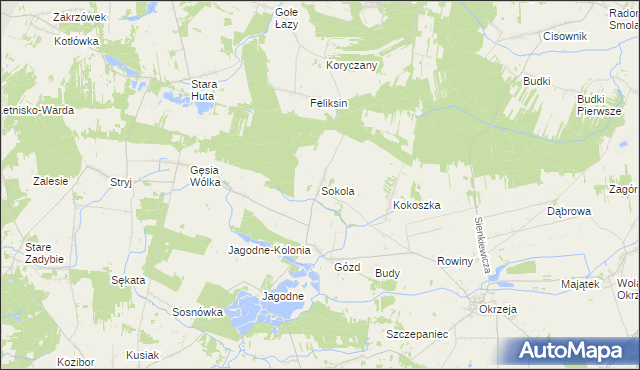 mapa Sokola gmina Kłoczew, Sokola gmina Kłoczew na mapie Targeo