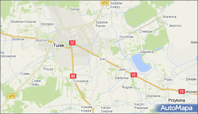 mapa Żuki gmina Turek, Żuki gmina Turek na mapie Targeo