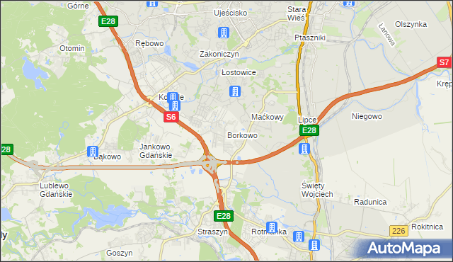 mapa Borkowo gmina Pruszcz Gdański, Borkowo gmina Pruszcz Gdański na mapie Targeo