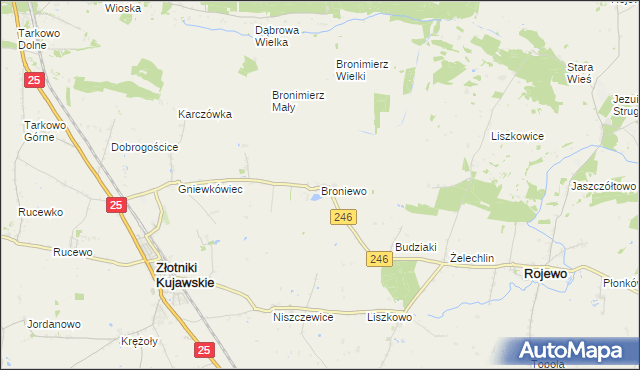 mapa Broniewo gmina Złotniki Kujawskie, Broniewo gmina Złotniki Kujawskie na mapie Targeo