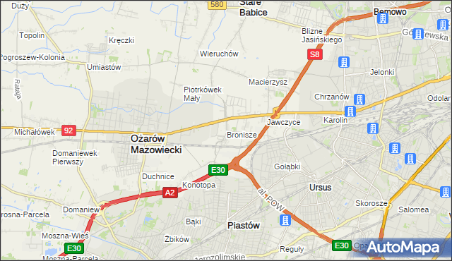 mapa Bronisze gmina Ożarów Mazowiecki, Bronisze gmina Ożarów Mazowiecki na mapie Targeo