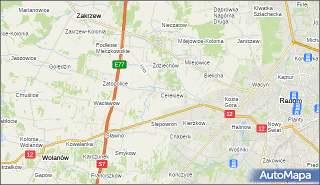 mapa Cerekiew gmina Zakrzew, Cerekiew gmina Zakrzew na mapie Targeo