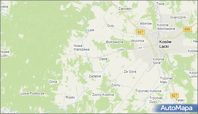 mapa Dębe gmina Kosów Lacki, Dębe gmina Kosów Lacki na mapie Targeo