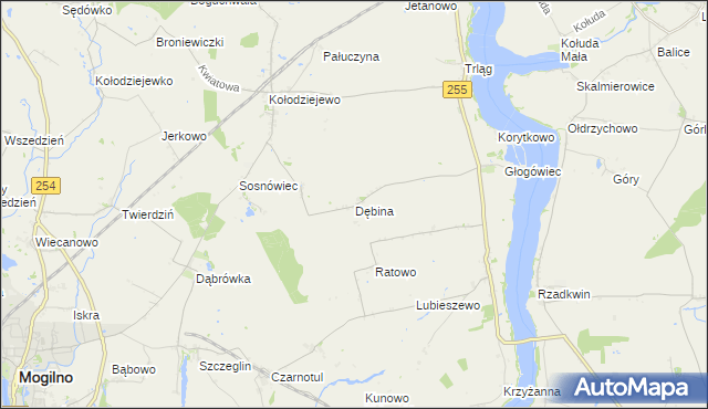 mapa Dębina gmina Janikowo, Dębina gmina Janikowo na mapie Targeo