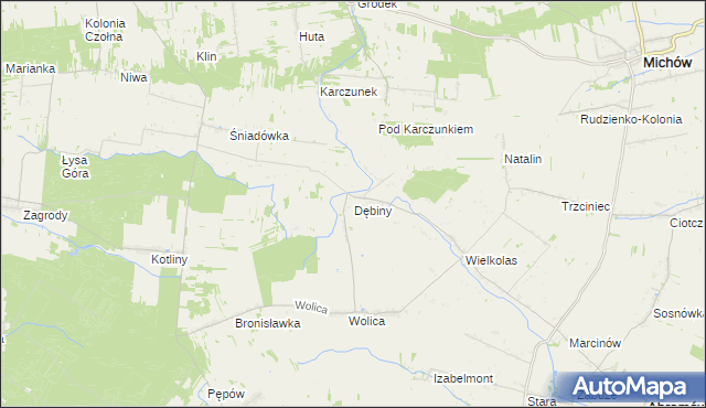 mapa Dębiny gmina Abramów, Dębiny gmina Abramów na mapie Targeo