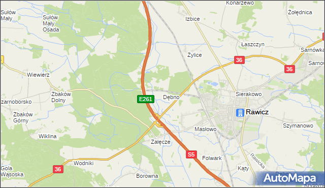 mapa Dębno gmina Rawicz, Dębno gmina Rawicz na mapie Targeo