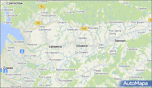 mapa Gilowice powiat żywiecki, Gilowice powiat żywiecki na mapie Targeo