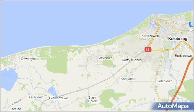 mapa Grzybowo gmina Kołobrzeg, Grzybowo gmina Kołobrzeg na mapie Targeo
