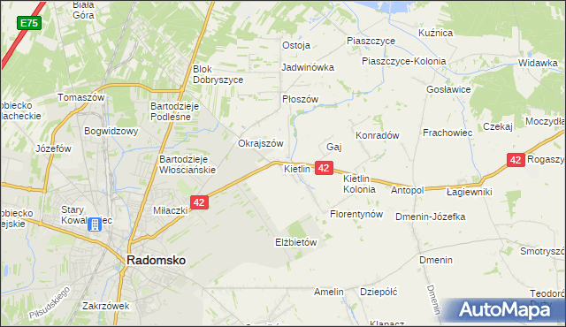 mapa Kietlin gmina Radomsko, Kietlin gmina Radomsko na mapie Targeo