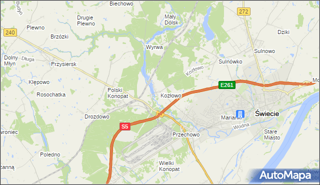 mapa Kozłowo gmina Świecie, Kozłowo gmina Świecie na mapie Targeo