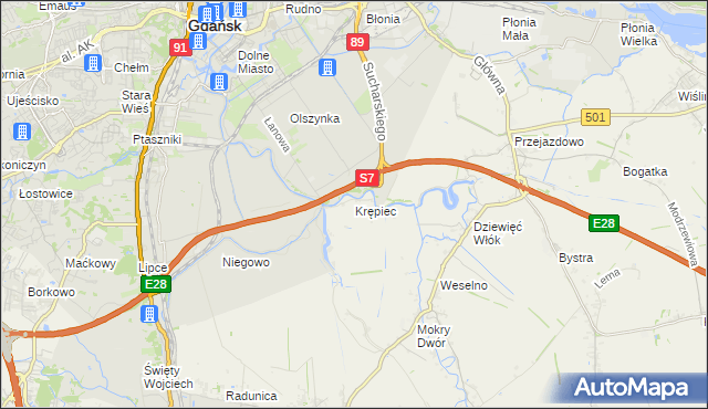 mapa Krępiec gmina Pruszcz Gdański, Krępiec gmina Pruszcz Gdański na mapie Targeo