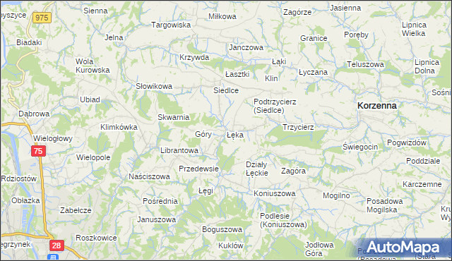 mapa Łęka gmina Korzenna, Łęka gmina Korzenna na mapie Targeo