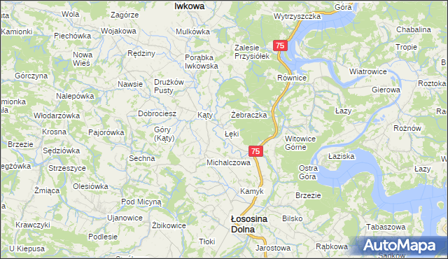 mapa Łęki gmina Łososina Dolna, Łęki gmina Łososina Dolna na mapie Targeo