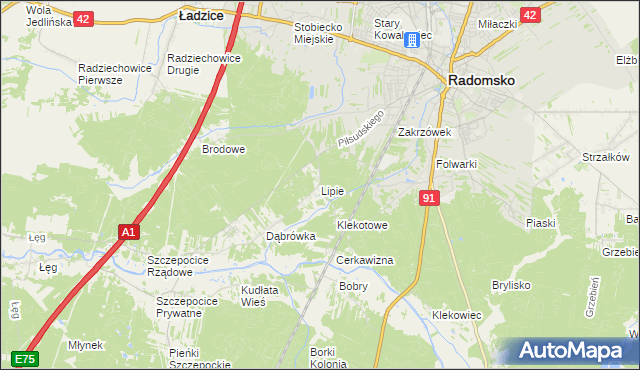 mapa Lipie gmina Radomsko, Lipie gmina Radomsko na mapie Targeo