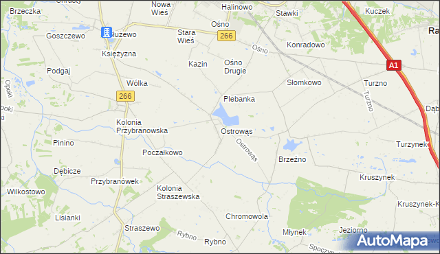 mapa Ostrowąs gmina Aleksandrów Kujawski, Ostrowąs gmina Aleksandrów Kujawski na mapie Targeo