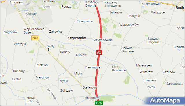 mapa Pawłowice gmina Krzyżanów, Pawłowice gmina Krzyżanów na mapie Targeo