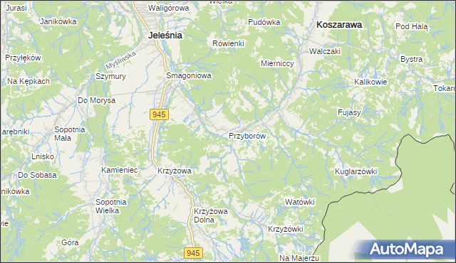 mapa Przyborów gmina Jeleśnia, Przyborów gmina Jeleśnia na mapie Targeo