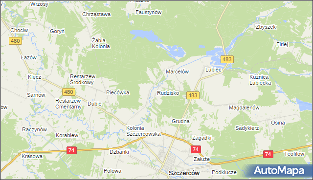 mapa Rudzisko gmina Szczerców, Rudzisko gmina Szczerców na mapie Targeo