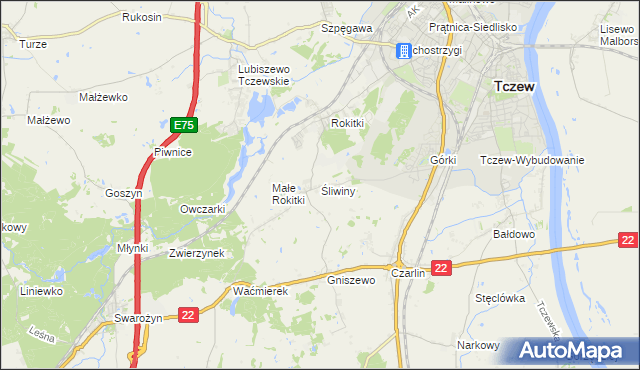 mapa Śliwiny gmina Tczew, Śliwiny gmina Tczew na mapie Targeo