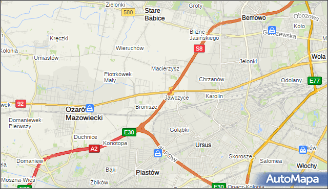 mapa Jawczyce gmina Ożarów Mazowiecki, Jawczyce gmina Ożarów Mazowiecki na mapie Targeo