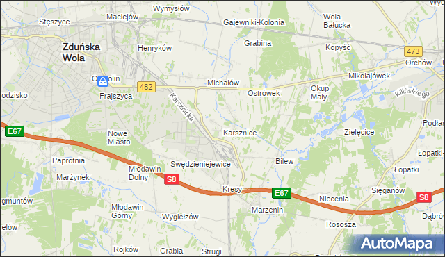 mapa Karsznice gmina Zduńska Wola, Karsznice gmina Zduńska Wola na mapie Targeo