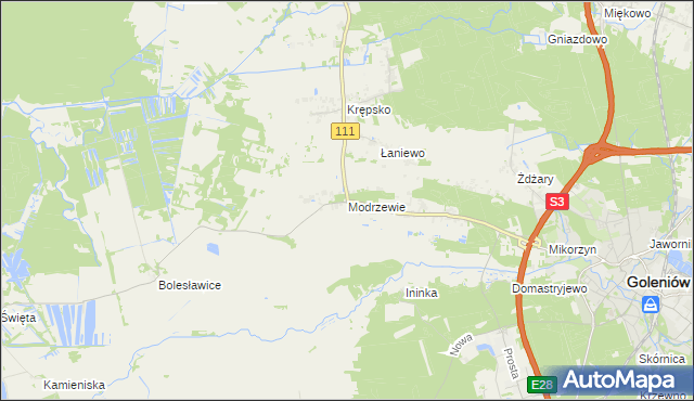 mapa Modrzewie gmina Goleniów, Modrzewie gmina Goleniów na mapie Targeo