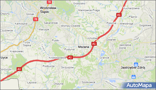 mapa Mszana powiat wodzisławski, Mszana powiat wodzisławski na mapie Targeo