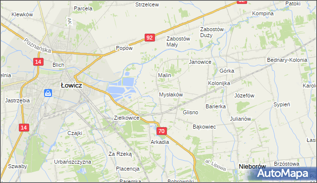 mapa Mysłaków gmina Nieborów, Mysłaków gmina Nieborów na mapie Targeo