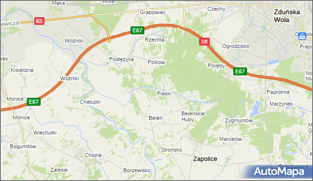 mapa Piaski gmina Zduńska Wola, Piaski gmina Zduńska Wola na mapie Targeo