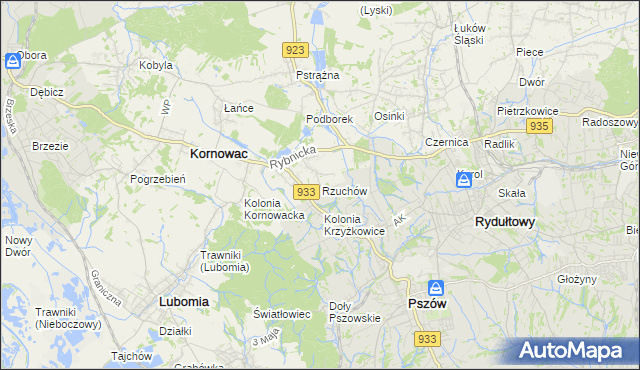 mapa Rzuchów gmina Kornowac, Rzuchów gmina Kornowac na mapie Targeo