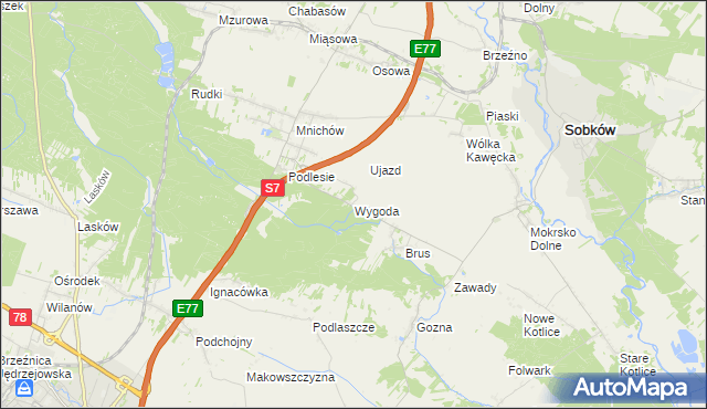 mapa Wygoda gmina Jędrzejów, Wygoda gmina Jędrzejów na mapie Targeo